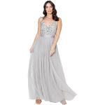 Reduzierte Graue Elegante Langärmelige Maxi V-Ausschnitt Lange Abendkleider mit Reißverschluss aus Tüll für Damen Größe XS für Hochzeitsgäste 