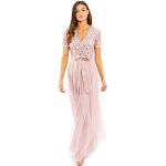 Pinke Elegante Kurzärmelige Maxi V-Ausschnitt Abendkleider A-Linie für mit Reißverschluss aus Tüll für Damen Größe XXL Große Größen für Hochzeitsgäste 