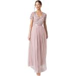 Pinke Elegante Kurzärmelige Maxi V-Ausschnitt Lange Abendkleider mit Reißverschluss aus Tüll für Damen Größe XXL Große Größen für Brautjungfern 