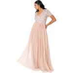 Pinke Elegante Kurzärmelige Maxi V-Ausschnitt Abendkleider A-Linie mit Reißverschluss aus Tüll für Damen Übergrößen Große Größen 