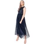 Reduzierte Marineblaue Elegante Langärmelige Maxi Lange Abendkleider mit Pailletten mit Reißverschluss aus Tüll für Damen Größe XXL für Hochzeitsgäste 