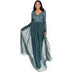 Reduzierte Emeraldfarbene Elegante Langärmelige Maxi V-Ausschnitt Lange Abendkleider mit Reißverschluss aus Tüll für Damen Größe XS für Hochzeitsgäste 