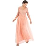 Reduzierte Aprikose Elegante Langärmelige Maxi V-Ausschnitt Lange Abendkleider mit Reißverschluss aus Tüll für Damen Größe XXL für Hochzeitsgäste 