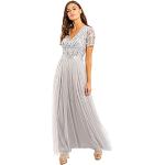 Reduzierte Graue Kurzärmelige Maxi Lange Abendkleider mit Reißverschluss aus Tüll für Damen Größe XXL für den für den Sommer 