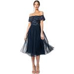 Reduzierte Marineblaue Elegante Midi Schulterfreie Abendkleider A-Linie mit Reißverschluss aus Tüll für Damen Größe M für Hochzeitsgäste 