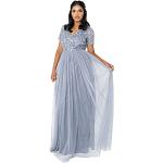 Reduzierte Blaue Elegante Kurzärmelige Maxi V-Ausschnitt Lange Abendkleider mit Reißverschluss aus Tüll für Damen Größe S für Hochzeitsgäste 