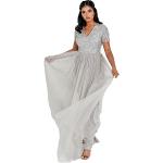 Graue Elegante Kurzärmelige V-Ausschnitt Lange Abendkleider mit Pailletten mit Reißverschluss aus Tüll für Damen Übergrößen für Hochzeitsgäste 
