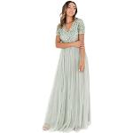 Reduzierte Smaragdgrüne Elegante Kurzärmelige V-Ausschnitt Lange Abendkleider mit Pailletten mit Reißverschluss aus Tüll für Damen Größe S für Hochzeitsgäste 