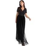 Reduzierte Schwarze Elegante Kurzärmelige Maxi V-Ausschnitt Lange Abendkleider mit Reißverschluss aus Tüll für Damen Größe XXL für Hochzeitsgäste 