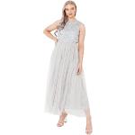 Graue Elegante Langärmelige Maxi Lange Abendkleider mit Pailletten mit Reißverschluss aus Tüll für Damen Größe M für Hochzeitsgäste 