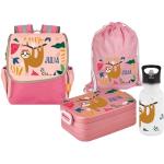 Mein Zwergenland Set 5 Kindergartenrucksack mit Brotdose, Turnbeutel und Trinkflasche Happy Knirps Next mit Name Pink (Faultier Mädchen)