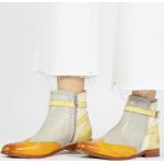 Gelbe Melvin & Hamilton Chelsea-Boots mit Rezept-Motiv mit Nieten aus Kalbsleder für Damen Größe 39 mit Absatzhöhe bis 3cm für den für den Frühling 