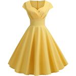 Gelbe Unifarbene Vintage Kurzärmelige Midi V-Ausschnitt Midikleider aus Spitze für Damen Größe M für die Braut 