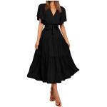 Schwarze Elegante Langärmelige V-Ausschnitt Wickelkleider mit Rüschen aus Spitze für Damen Größe L für die Braut für den für den Sommer 
