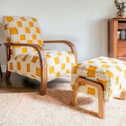 Mid Century Sessel Und Ottomane Set, Weiße Vintage Lounge Möbel Set Handgefertigt, Akzent Stühle, Bequemer Holzsessel Für Wohnzimmer