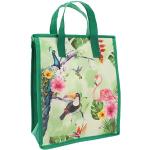 MIK funshopping Tragbare Kühltasche mit tropischem Print, Faltbare Isolierte Lunchtasche, Ideal für Picknick, Strand, Camping und Tagesausflüge, 32x27x13cm. (Flamingo Tukan Pfau grün)