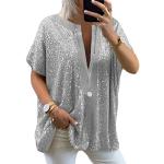 Silberne Oversize Langärmelige Minetom V-Ausschnitt T-Shirts mit Pailletten für Damen Größe M für Partys 