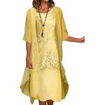 Gelbe Vintage Ärmellose Minetom Midi Spitzenkleider aus Tüll für Damen Größe L für Brautjungfern 