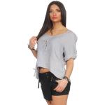 Graue Unifarbene Kurzärmelige Rundhals-Ausschnitt Vokuhila-Shirts aus Leinen für Damen Größe M für den für den Frühling 
