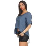 Blaue Unifarbene Kurzärmelige Rundhals-Ausschnitt Vokuhila-Shirts aus Leinen für Damen Größe M für den für den Frühling 