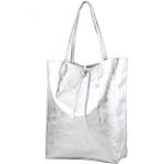 Silberne Lederhandtaschen mit Reißverschluss aus Rindsleder mit Handyfach für Damen klein 