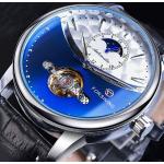 Blaue Wasserdichte Automatik Herrenarmbanduhren mit Mondphasenanzeige mit Mineralglas-Uhrenglas mit Lederarmband zum Outdoorsport 