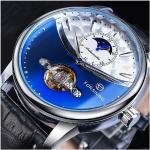 Reduzierte Blaue Wasserdichte Automatik Herrenarmbanduhren mit Mondphasenanzeige mit Mineralglas-Uhrenglas mit Lederarmband zum Outdoorsport 