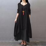 Schwarze Oversize Langärmelige Maxi V-Ausschnitt Sommerkleider mit Knopf für Damen Größe XS Große Größen für den für den Sommer 