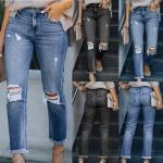Schwarze Ripped Jeans & Zerrissene Jeans mit Knopf aus Denim für Damen Größe L 