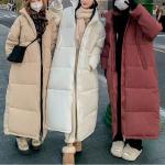 Khakifarbene Maxi Daunenmäntel lang mit Reißverschluss aus Baumwolle mit Kapuze für Damen Größe XXL Große Größen für den für den Winter 