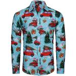 Reduzierte Blaue Langärmelige Stehkragen Stehkragenhemden mit Weihnachts-Motiv mit Knopf für Herren Größe XL Weihnachten 