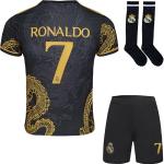 Mokiss R. Madrid Ronaldo #7 Kinder Trikot Fußball Spezielle Golddrachen-Edition, Shorts Socken Jugendgrößen (Schwarz,30)
