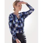 Marineblaue Langärmelige Casual Mona V-Ausschnitt T-Shirts aus Jersey für Damen Übergrößen 
