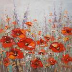 Rote Quadratische Ölgemälde & Ölbilder mit Blumenmotiv aus Holz 100x100 