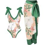 Grüne Blumenmuster Sexy Monokinis aus Polyester für Damen Übergrößen Große Größen 1-teilig für den für den Sommer 