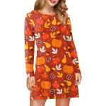Rote Blumenmuster Casual Langärmelige Mini Rundhals-Ausschnitt Minikleider & kurze Kleider mit Halloween-Motiv aus Polyester für Damen Übergrößen für Partys für den für den Herbst 