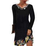 Schwarze Blumenmuster Vintage Langärmelige Mini Minikleider & kurze Kleider aus Polyester für Damen Größe L für den für den Herbst 