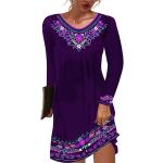 Violette Blumenmuster Vintage Langärmelige Mini Minikleider & kurze Kleider aus Polyester für Damen Größe M für den für den Herbst 