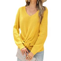 MORYDAL Damen Langarm Pullover Loungewear Einfarbige Tunika Bluse Lässige Plit Tops, Farbe:Gelb, Größe:Xl