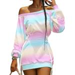 MORYDAL Etuikleider Damen Feste Farbe T-Shirt Dresses Urlaub von Schulter Mini Kleider lose lange Ärmel,Farbe:Bindfärben,Größe:M