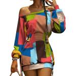 MORYDAL Etuikleider Damen Feste Farbe T-Shirt Dresses Urlaub von Schulter Mini Kleider lose lange Ärmel,Farbe:Mehrfarbig,Größe:S