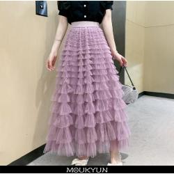 MOUKYUN Koreanische Mode Tutu Tüll Rock Frauen Frühling Sommer Schwarz Rosa Hohe Taille Elegante Gefaltete Lange Röcke Weibliche Faldas
