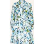 Reduzierte Blaue Blumenmuster Langärmelige Mrs & Hugs Leinenkleider aus Baumwolle für Damen Größe L 