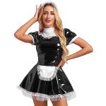 Schwarze Lack-Optik Mini Zimmermädchen-Kostüme aus Satin für Damen Größe L 