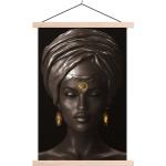 MuchoWow® Textilposter Frau - Afrika - Schwarz - Gold 120x180 cm mit holzfarbenen Rahmen - Textil-Plakat