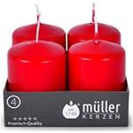 Müller Mini Stumpenkerzen 4er Set, selbstlöschend, 6,2 x 4,8 cm, Karminrot