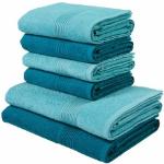 Handtuch Set MY HOME "Anna" Handtuch-Sets blau (petrol, türkis) gestreifte Bordüre, Handtuch-Set, Handtücher aus 100% Baumwolle
