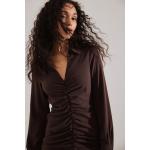 Braune Boho Langärmelige V-Ausschnitt Midikleider & knielange Kleider mit Rüschen mit Reißverschluss aus Polyester für Damen Größe XS 