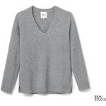 Graue Langärmelige TCHIBO V-Ausschnitt Kaschmir-Pullover mit Ländermotiv aus Baumwolle für Damen Größe XL 