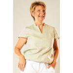 Grüne Kurzärmelige Nahtur Design Nachhaltige Stehkragen Tunika-Blusen aus Leinen für Damen Größe 3 XL 